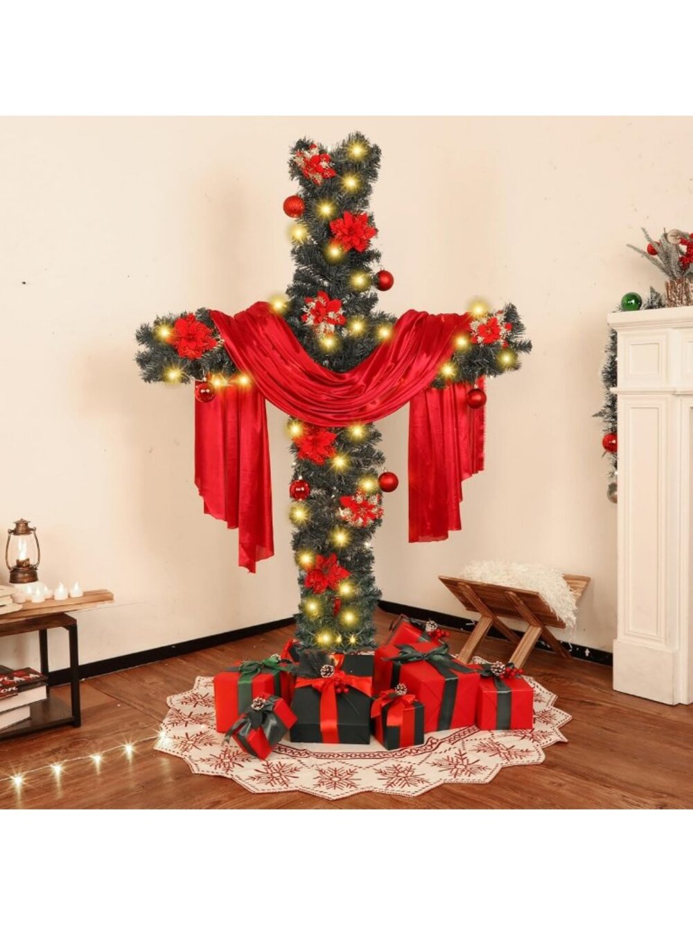 5ft Christmas Cross Tree with Lights, Red Poinsettias & Festive Scarf Decor